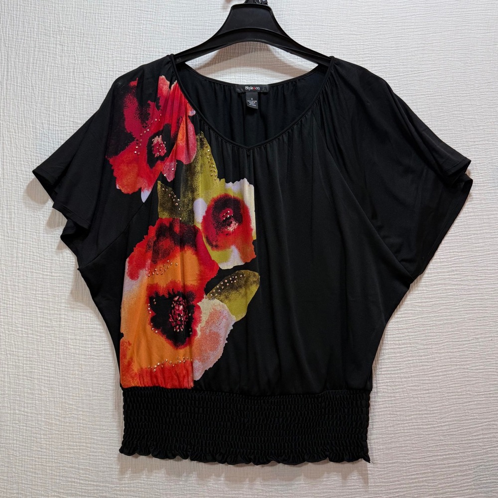 Style & Co‎ Womens Black Floral Smocked Waist Dolman Top S Rhinestone Whimsigoth